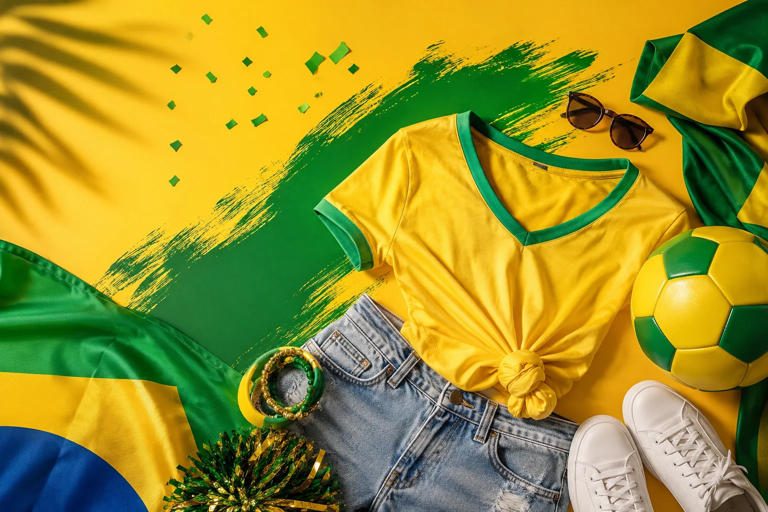 Composição em estilo flat lay com roupas e acessórios inspirados na Copa do Mundo. Sobre um fundo amarelo vibrante, aparecem uma camiseta amarela com detalhes verdes, short jeans, tênis brancos, óculos de sol, pulseiras nas cores verde e amarelo, uma bola de futebol e bandeiras do Brasil. Confetes e elementos decorativos reforçam o clima festivo e esportivo da cena.