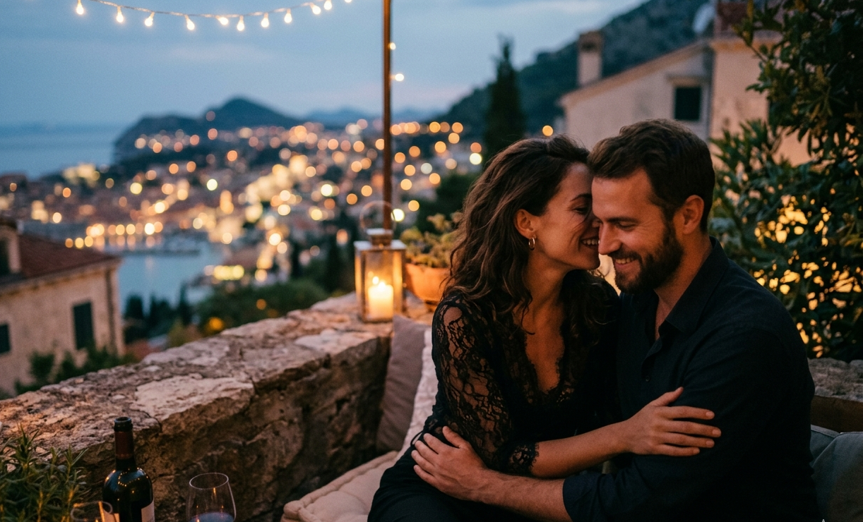 Uma fotografia cinematográfica de um casal em um momento íntimo e romântico, sentados em um terraço ao ar livre durante o entardecer. A mulher, com cabelos castanhos ondulados e vestindo uma blusa de renda preta, sorri e sussurra algo no ouvido do homem, que sorri de volta com os olhos fechados. Ele veste uma camisa azul-escura e a abraça pela cintura. O ambiente é decorado com luzes de varal (fairy lights) e velas, criando uma iluminação quente e acolhedora. Ao fundo, vê-se a vista panorâmica de uma cidade costeira iluminada, com montanhas e o mar sob um céu de fim de tarde. Em primeiro plano, sobre uma pequena mesa, há uma garrafa de vinho e duas taças.