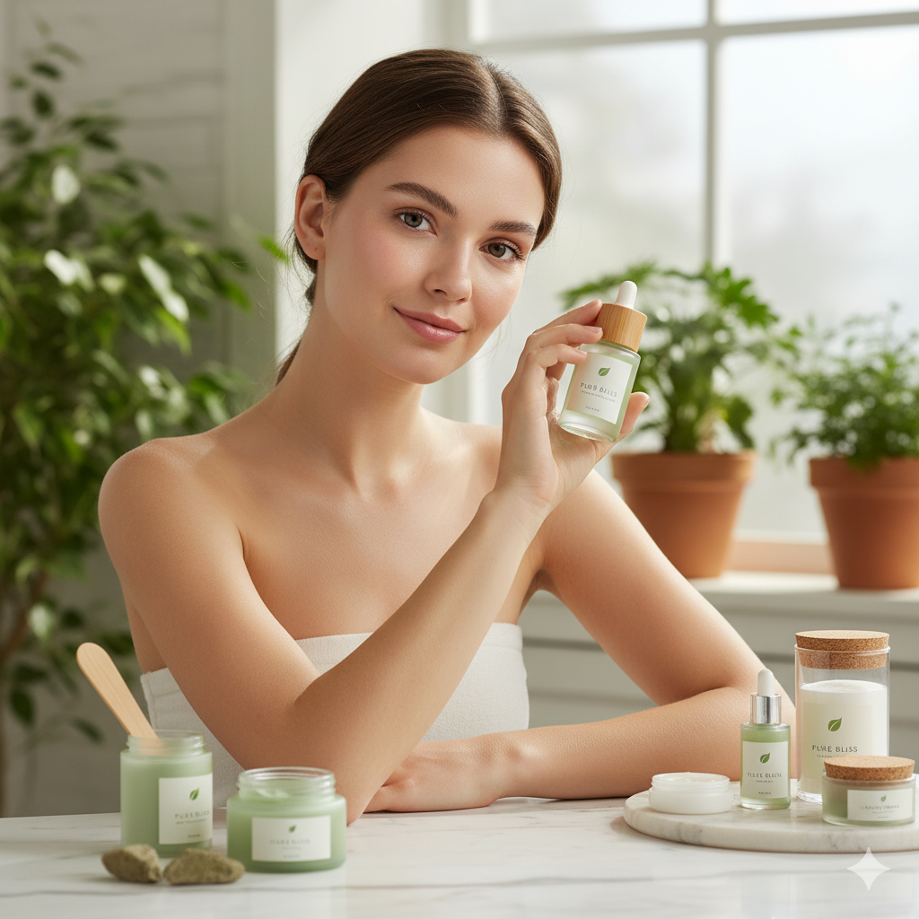 Uma mulher jovem com a pele limpa e cabelos presos olha para a câmera enquanto segura um frasco de sérum facial com rótulo verde.