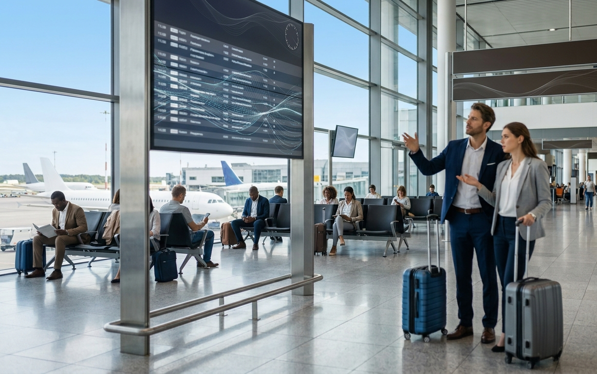 Fotografia em plano médio do interior de um aeroporto moderno e bem iluminado. Em primeiro plano, à direita, um casal de viajantes de negócios veste trajes formais e segura malas de rodinha; o homem aponta para cima enquanto conversa com a mulher. À esquerda, um grande painel digital exibe uma lista de voos com marcações em vermelho, indicando atrasos. Ao fundo, outras pessoas aguardam sentadas nas cadeiras de espera e aviões são visíveis através das grandes janelas de vidro.